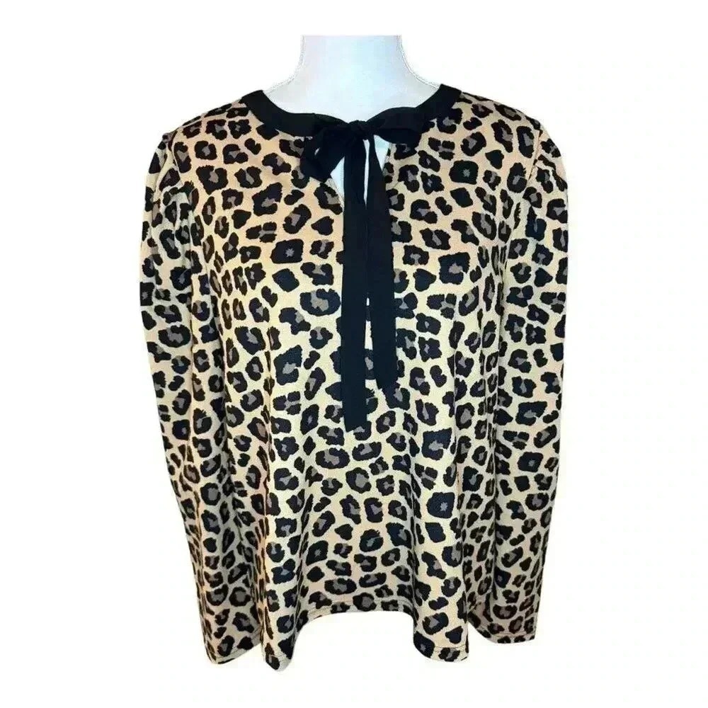 Melloday Womens Top XL Animal Leopard Print Bow Tie Long Sleeve Blouse